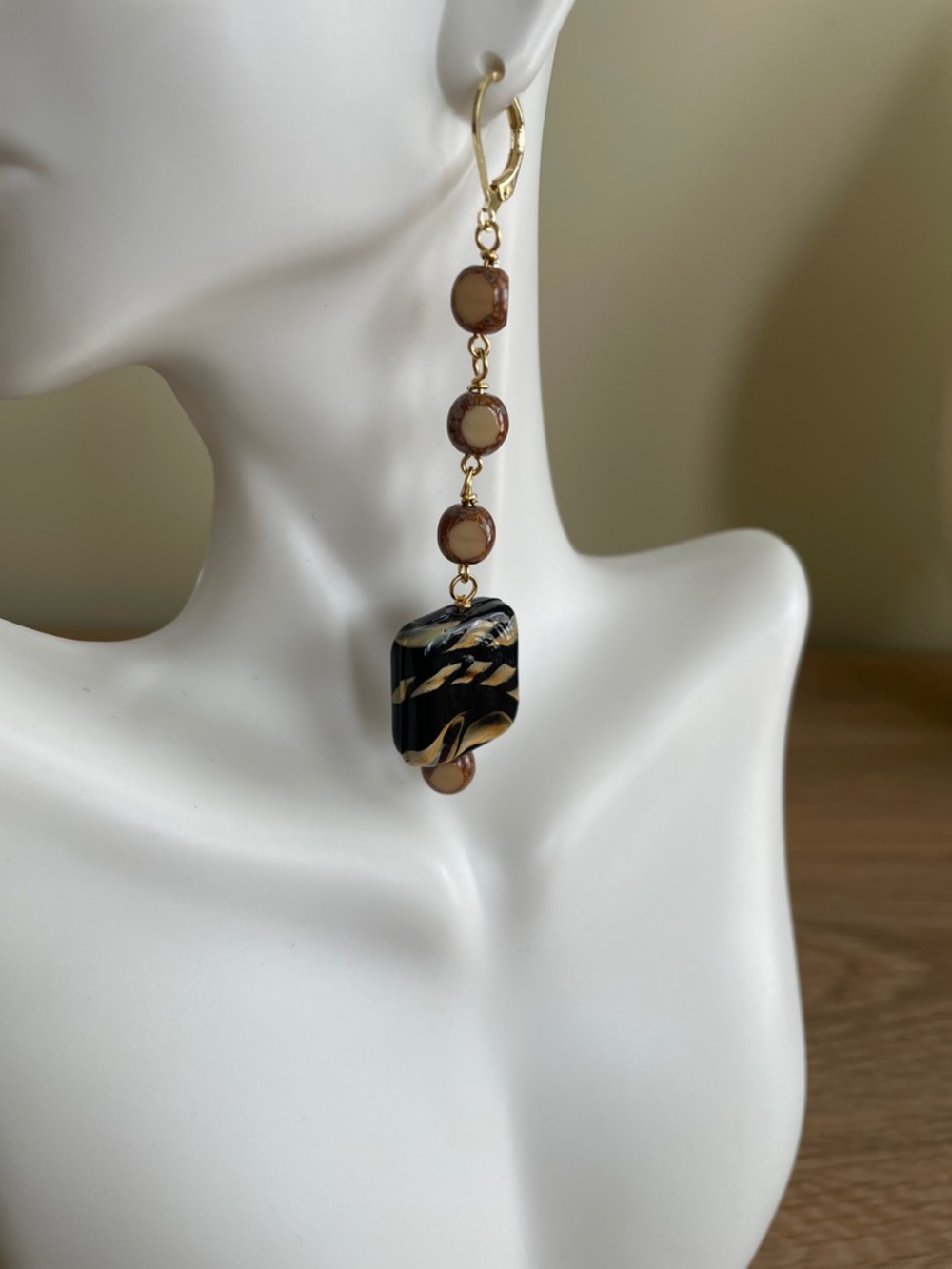 HAND CRAFTED ARTISAN LAMPWORK SQUARE GLASS EARRINGS Neutral Earthy Drop Dangles - Picture 4 of 12